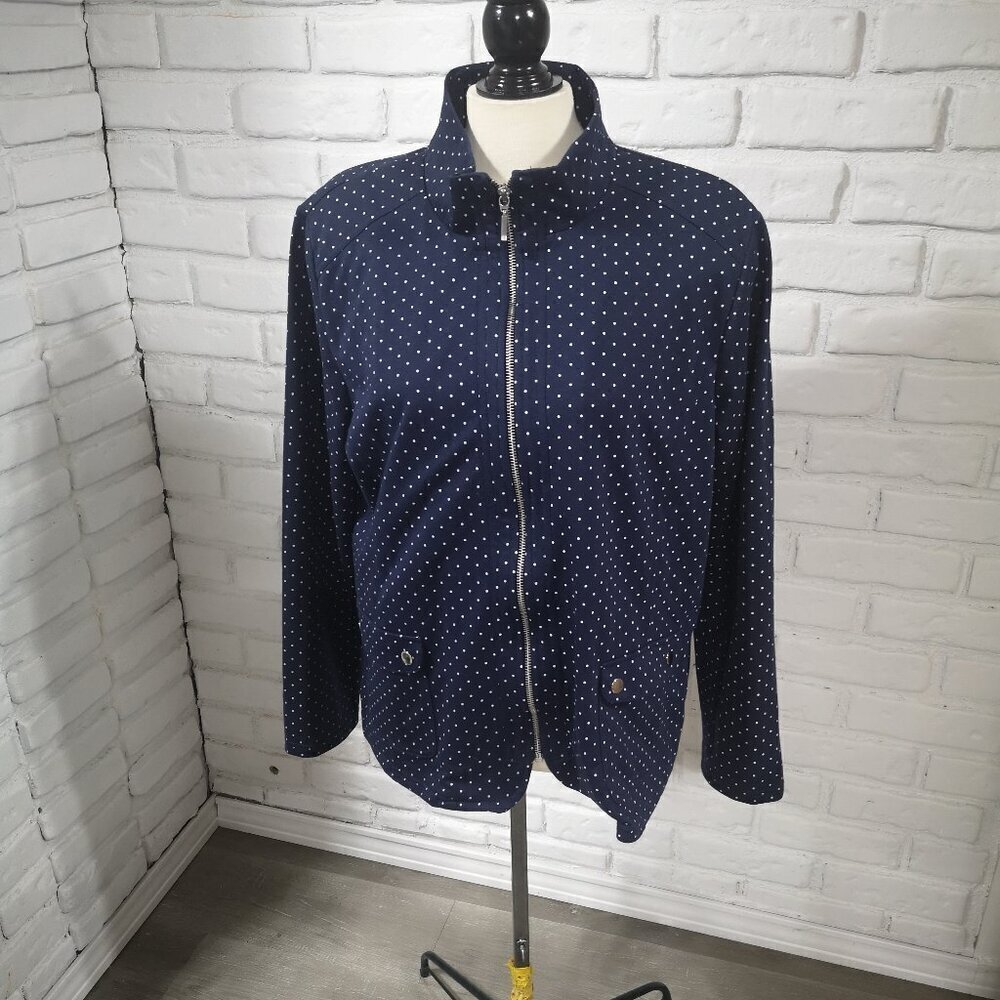 Tradition Ladies Size Large Full Zip Terry Lined Navy & White Polka Dot Blazer
